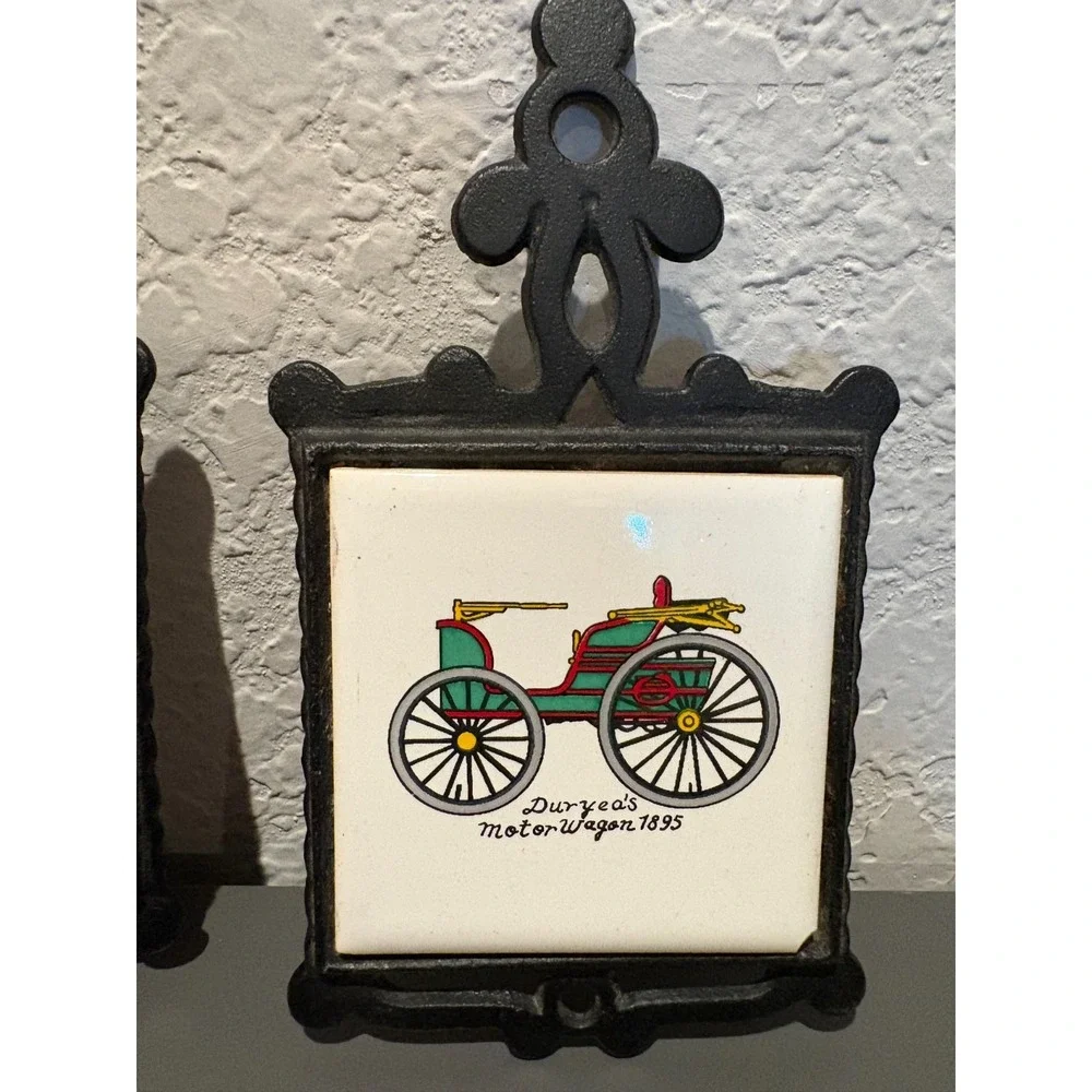 Used Vintage Cast Iron & Ceramic Tile Trivets, Set of 2